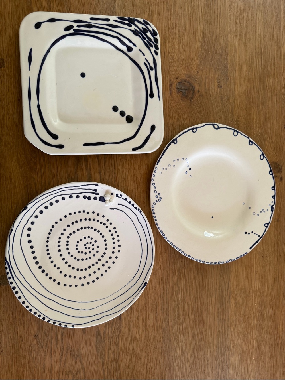 Artisan Ceramic Plate Set in Cream and Navy — Hand-Painted Trio